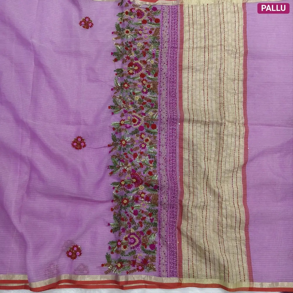Purple Premium kota silk cotton embroidered saree (lightweight, thin, soft), double side thin tissue borders, heavy embroidered pallu with tissue stripes, blouse with embroidery. NS31