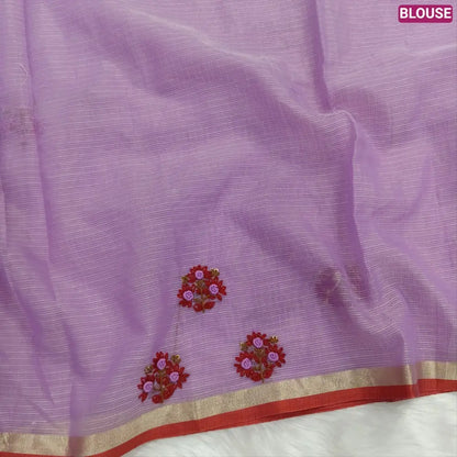 Purple Premium kota silk cotton embroidered saree (lightweight, thin, soft), double side thin tissue borders, heavy embroidered pallu with tissue stripes, blouse with embroidery. NS31