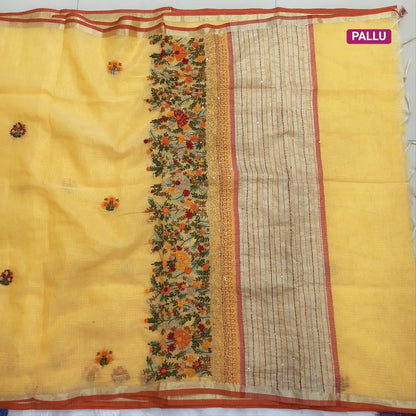 Yellow Premium kota silk cotton embroidered saree (lightweight, thin, soft), double side thin tissue borders, heavy embroidered pallu with tissue stripes, blouse with embroidery. NS27