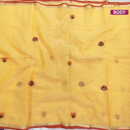 Yellow Premium kota silk cotton embroidered saree (lightweight, thin, soft), double side thin tissue borders, heavy embroidered pallu with tissue stripes, blouse with embroidery. NS27