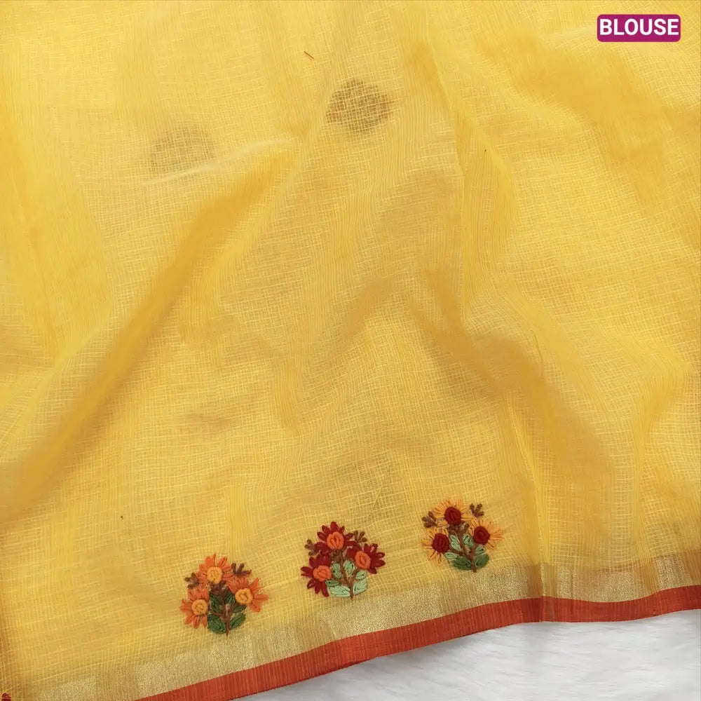 Yellow Premium kota silk cotton embroidered saree (lightweight, thin, soft), double side thin tissue borders, heavy embroidered pallu with tissue stripes, blouse with embroidery. NS27