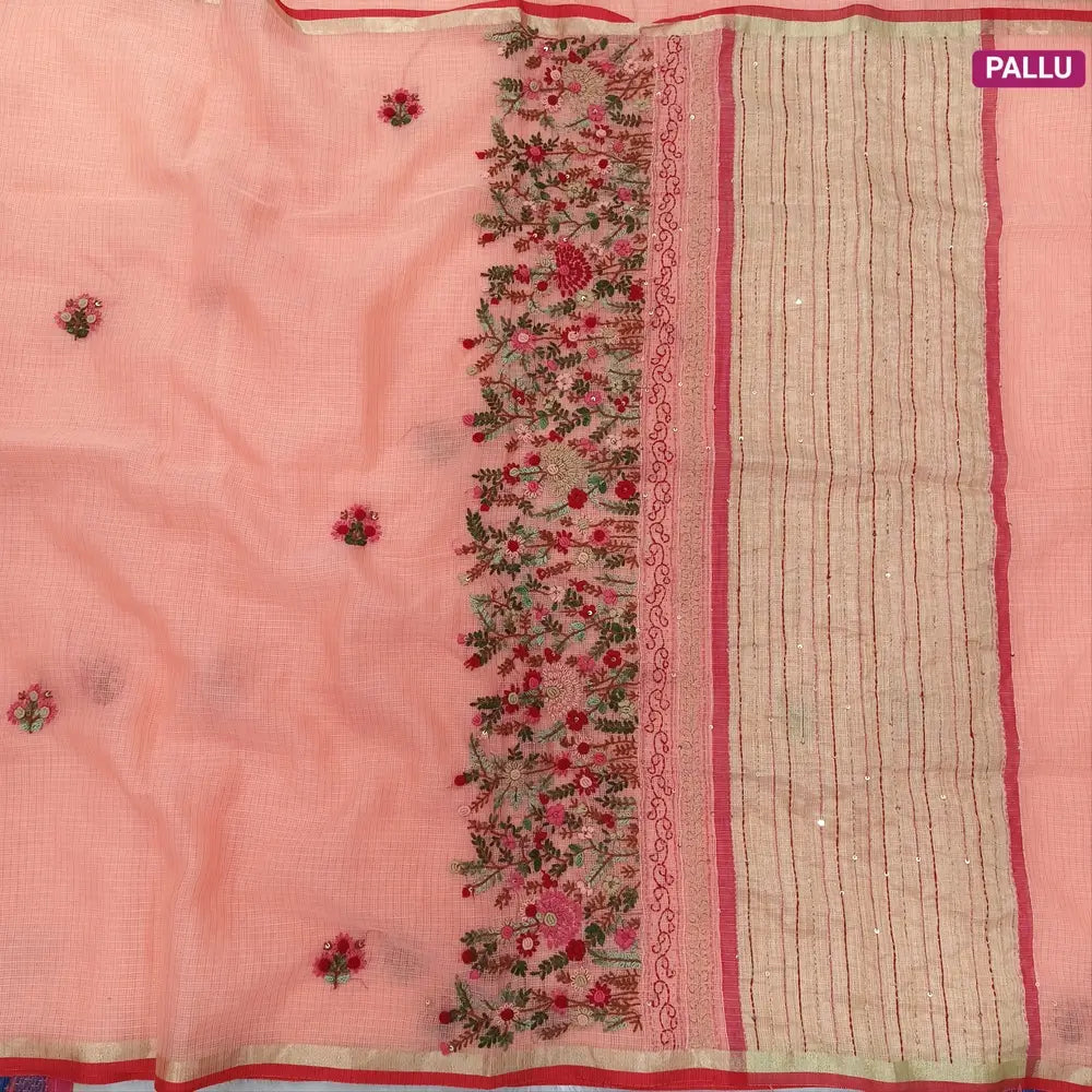 Pastel Peach Premium kota silk cotton embroidered saree (lightweight, thin, soft), double side thin tissue borders, heavy embroidered pallu with tissue stripes, blouse with embroidery. NS26