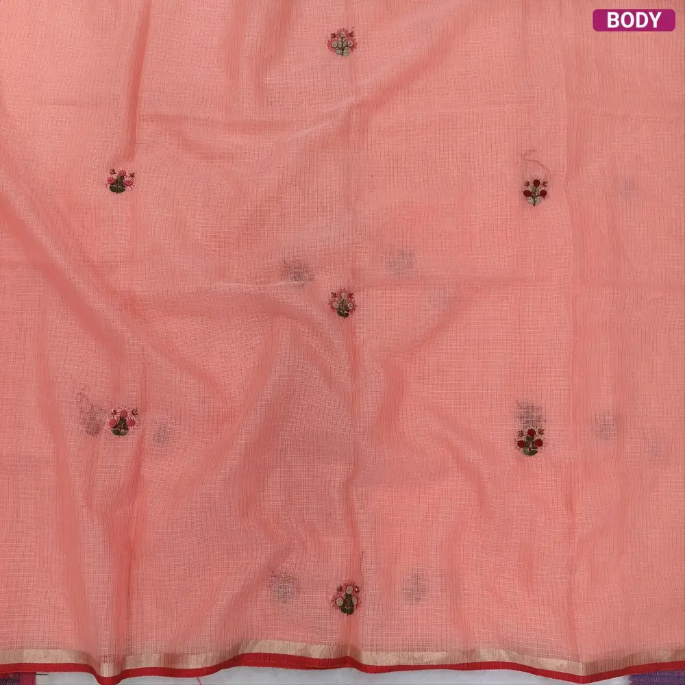 Pastel Peach Premium kota silk cotton embroidered saree (lightweight, thin, soft), double side thin tissue borders, heavy embroidered pallu with tissue stripes, blouse with embroidery. NS26