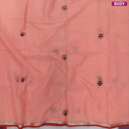 Pastel Peach Premium kota silk cotton embroidered saree (lightweight, thin, soft), double side thin tissue borders, heavy embroidered pallu with tissue stripes, blouse with embroidery. NS26