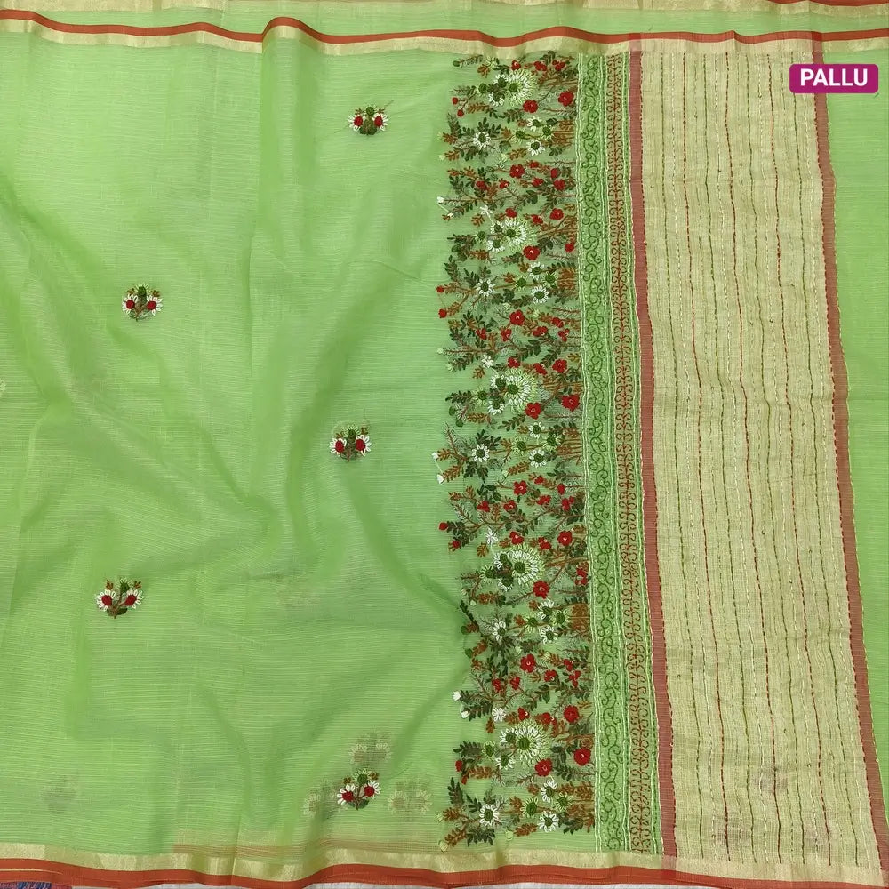 Leafy green Premium kota silk cotton embroidered saree (lightweight, thin, soft), double side thin tissue borders, heavy embroidered pallu with tissue stripes, blouse with embroidery. NS28