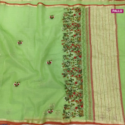 Leafy green Premium kota silk cotton embroidered saree (lightweight, thin, soft), double side thin tissue borders, heavy embroidered pallu with tissue stripes, blouse with embroidery. NS28