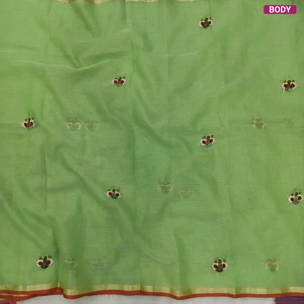 Leafy green Premium kota silk cotton embroidered saree (lightweight, thin, soft), double side thin tissue borders, heavy embroidered pallu with tissue stripes, blouse with embroidery. NS28