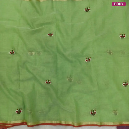 Leafy green Premium kota silk cotton embroidered saree (lightweight, thin, soft), double side thin tissue borders, heavy embroidered pallu with tissue stripes, blouse with embroidery. NS28