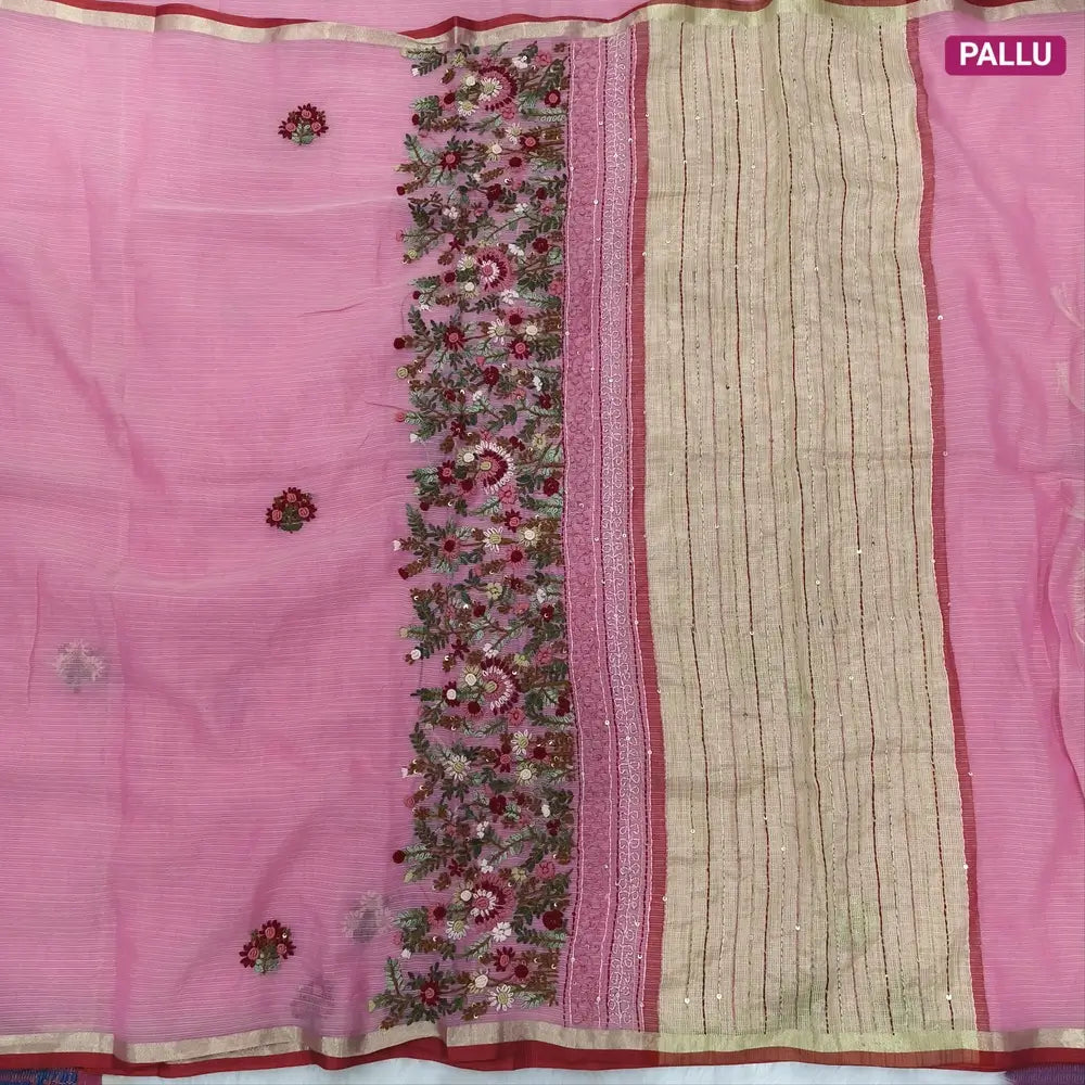 Peachish pink Premium kota silk cotton embroidered saree (lightweight, thin, soft), double side thin tissue borders, heavy embroidered pallu with tissue stripes, blouse with embroidery. NS29