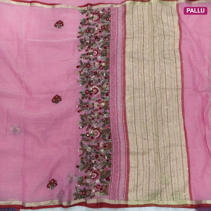 Peachish pink Premium kota silk cotton embroidered saree (lightweight, thin, soft), double side thin tissue borders, heavy embroidered pallu with tissue stripes, blouse with embroidery. NS29