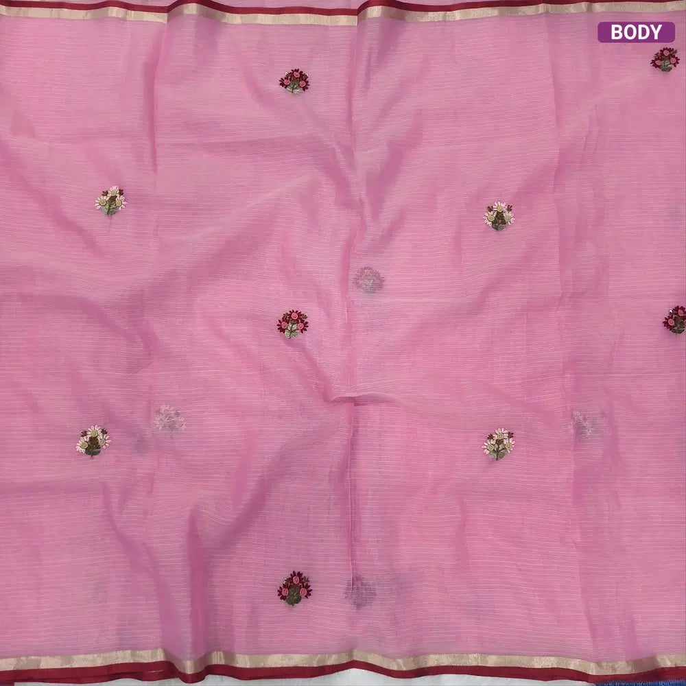 Peachish pink Premium kota silk cotton embroidered saree (lightweight, thin, soft), double side thin tissue borders, heavy embroidered pallu with tissue stripes, blouse with embroidery. NS29
