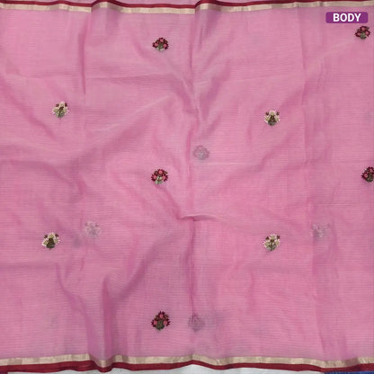 Peachish pink Premium kota silk cotton embroidered saree (lightweight, thin, soft), double side thin tissue borders, heavy embroidered pallu with tissue stripes, blouse with embroidery. NS29