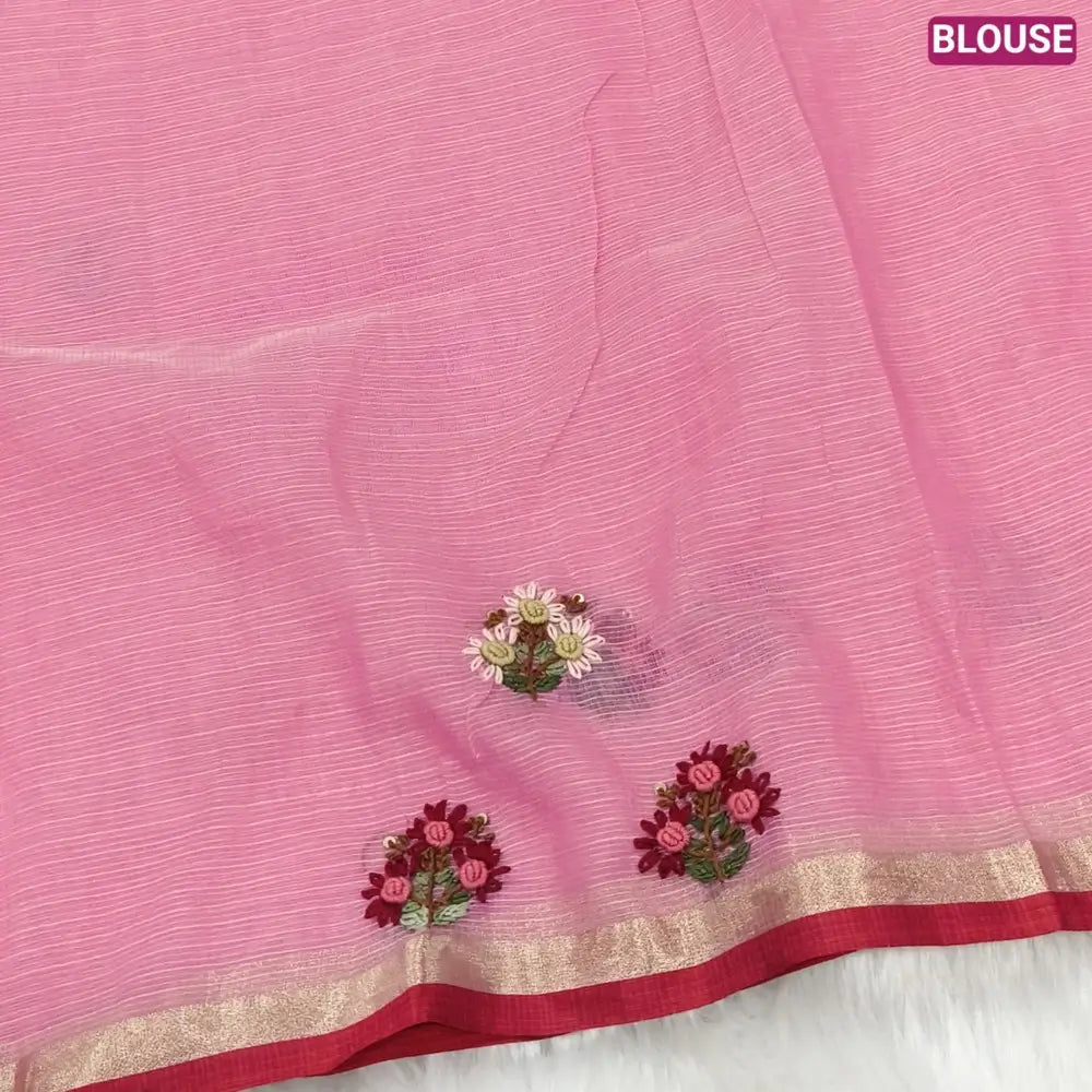 Peachish pink Premium kota silk cotton embroidered saree (lightweight, thin, soft), double side thin tissue borders, heavy embroidered pallu with tissue stripes, blouse with embroidery. NS29