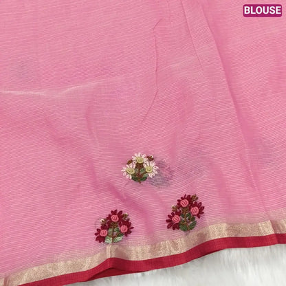 Peachish pink Premium kota silk cotton embroidered saree (lightweight, thin, soft), double side thin tissue borders, heavy embroidered pallu with tissue stripes, blouse with embroidery. NS29