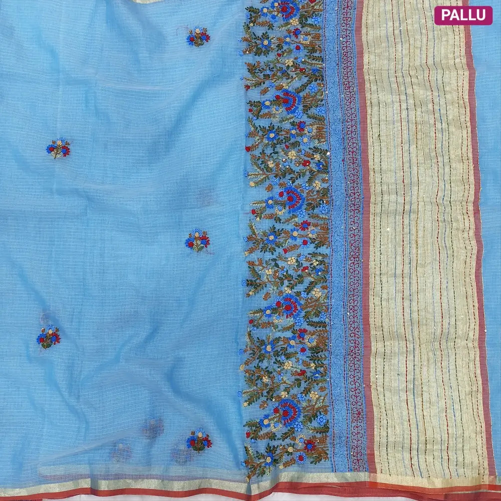 Blue Premium kota silk cotton embroidered saree (lightweight, thin, soft), double side thin tissue borders, heavy embroidered pallu with tissue stripes, blouse with embroidery. NS30