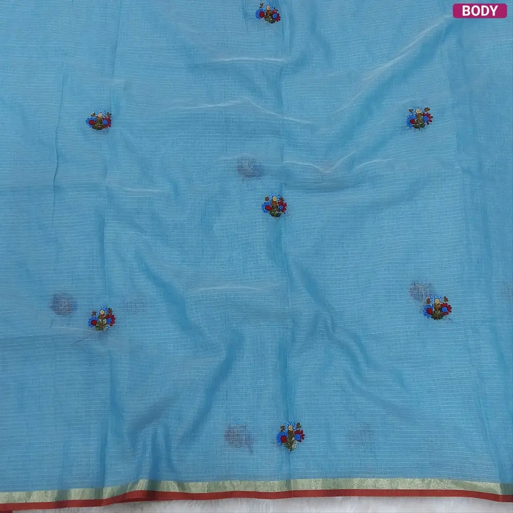 Blue Premium kota silk cotton embroidered saree (lightweight, thin, soft), double side thin tissue borders, heavy embroidered pallu with tissue stripes, blouse with embroidery. NS30