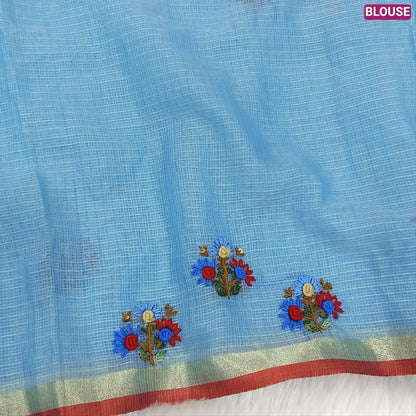 Blue Premium kota silk cotton embroidered saree (lightweight, thin, soft), double side thin tissue borders, heavy embroidered pallu with tissue stripes, blouse with embroidery. NS30
