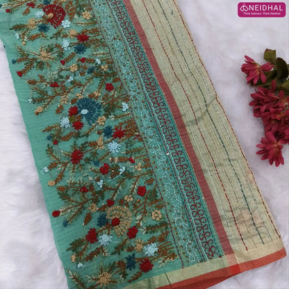 Sea green Premium kota silk cotton embroidered saree (lightweight, thin, soft), double side thin tissue borders, heavy embroidered pallu with tissue stripes, blouse with embroidery. NS32