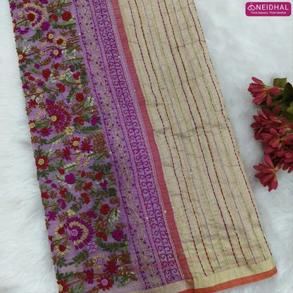 Purple Premium kota silk cotton embroidered saree (lightweight, thin, soft), double side thin tissue borders, heavy embroidered pallu with tissue stripes, blouse with embroidery. NS31