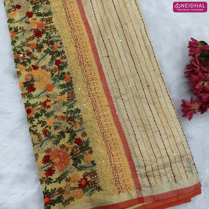 Yellow Premium kota silk cotton embroidered saree (lightweight, thin, soft), double side thin tissue borders, heavy embroidered pallu with tissue stripes, blouse with embroidery. NS27