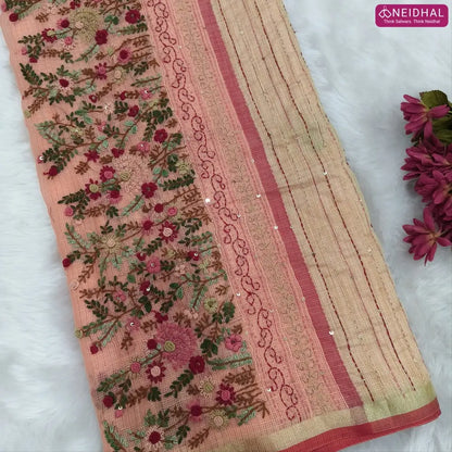 Pastel Peach Premium kota silk cotton embroidered saree (lightweight, thin, soft), double side thin tissue borders, heavy embroidered pallu with tissue stripes, blouse with embroidery. NS26