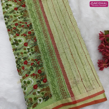 Leafy green Premium kota silk cotton embroidered saree (lightweight, thin, soft), double side thin tissue borders, heavy embroidered pallu with tissue stripes, blouse with embroidery. NS28