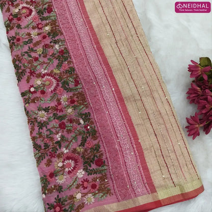 Peachish pink Premium kota silk cotton embroidered saree (lightweight, thin, soft), double side thin tissue borders, heavy embroidered pallu with tissue stripes, blouse with embroidery. NS29