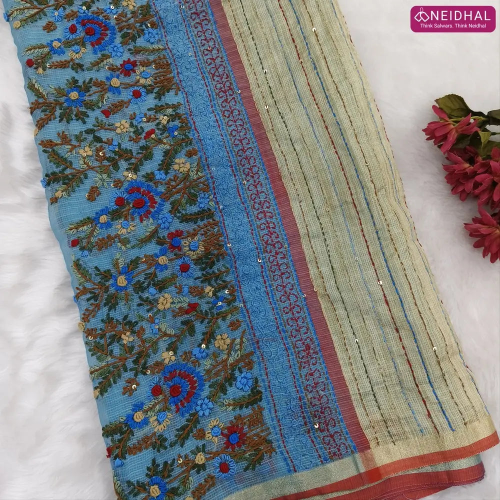 Blue Premium kota silk cotton embroidered saree (lightweight, thin, soft), double side thin tissue borders, heavy embroidered pallu with tissue stripes, blouse with embroidery. NS30