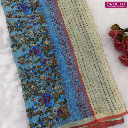 Blue Premium kota silk cotton embroidered saree (lightweight, thin, soft), double side thin tissue borders, heavy embroidered pallu with tissue stripes, blouse with embroidery. NS30