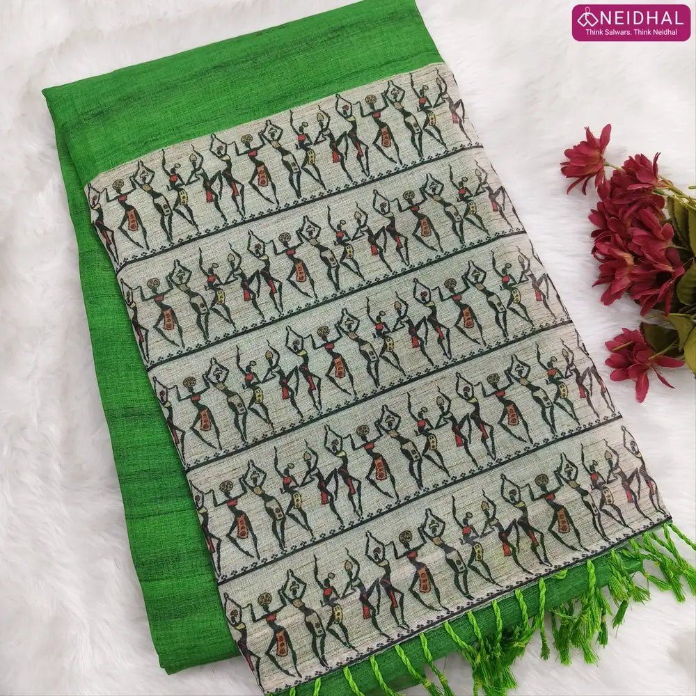 Parrot Green semi linen saree(thin& light weight) warli print& silver tissue on borders, warli printed pallu with tassels, plain running blouse with silver tissue borders. NS35