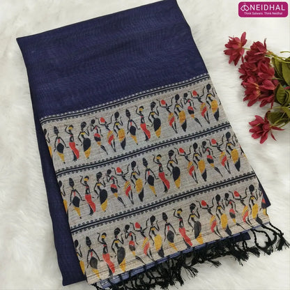 Dark Blue semi linen saree(thin& light weight) warli print& silver tissue on borders, warli printed pallu with tassels, plain running blouse with silver tissue borders. NS36