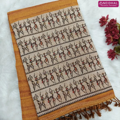 Mehandhi Yellow  semi linen saree(thin& light weight) warli print& silver tissue on borders, warli printed pallu with tassels, plain running blouse with silver tissue borders. NS37