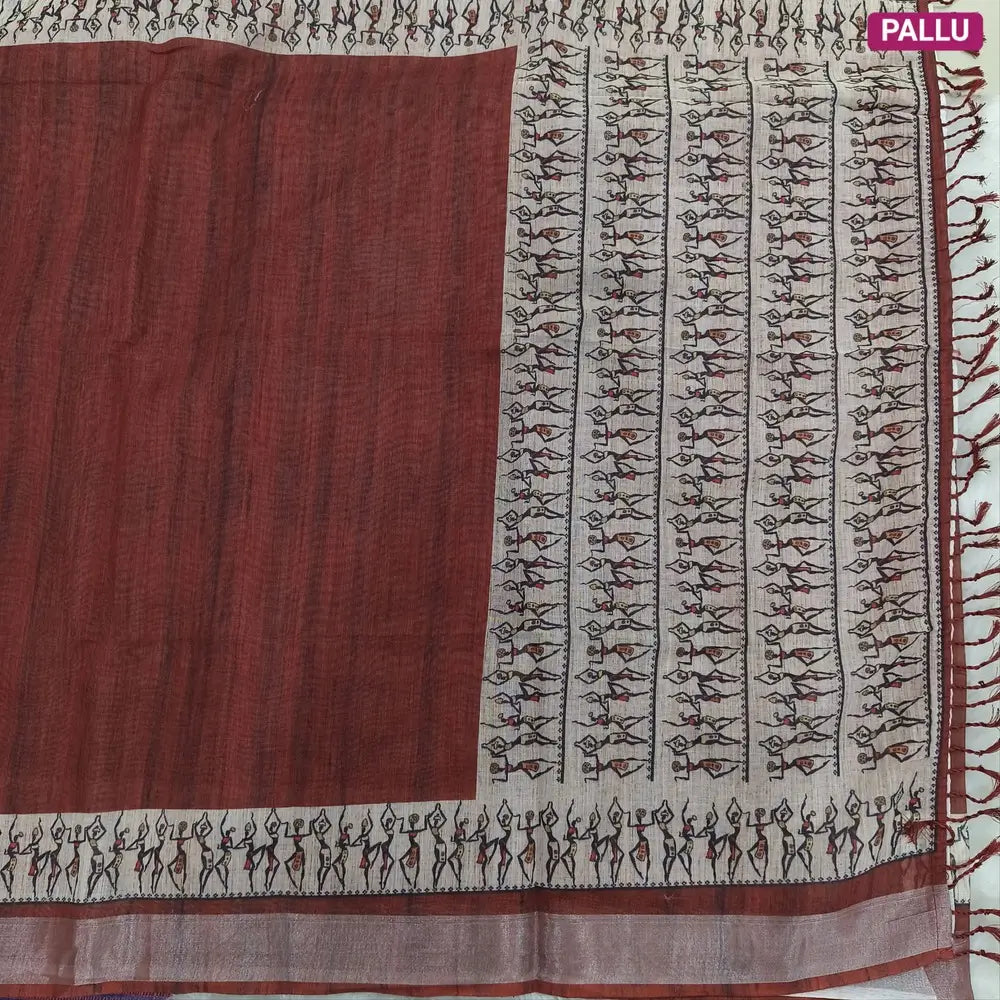 Dark Maroon semi linen saree(thin& light weight) warli print& silver tissue on borders, warli printed pallu with tassels, plain running blouse with silver tissue borders. NS34