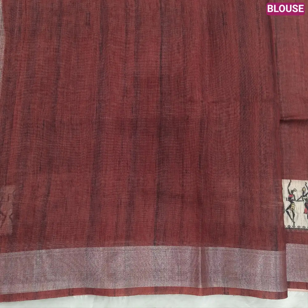 Dark Maroon semi linen saree(thin& light weight) warli print& silver tissue on borders, warli printed pallu with tassels, plain running blouse with silver tissue borders. NS34