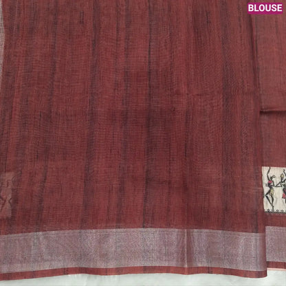 Dark Maroon semi linen saree(thin& light weight) warli print& silver tissue on borders, warli printed pallu with tassels, plain running blouse with silver tissue borders. NS34