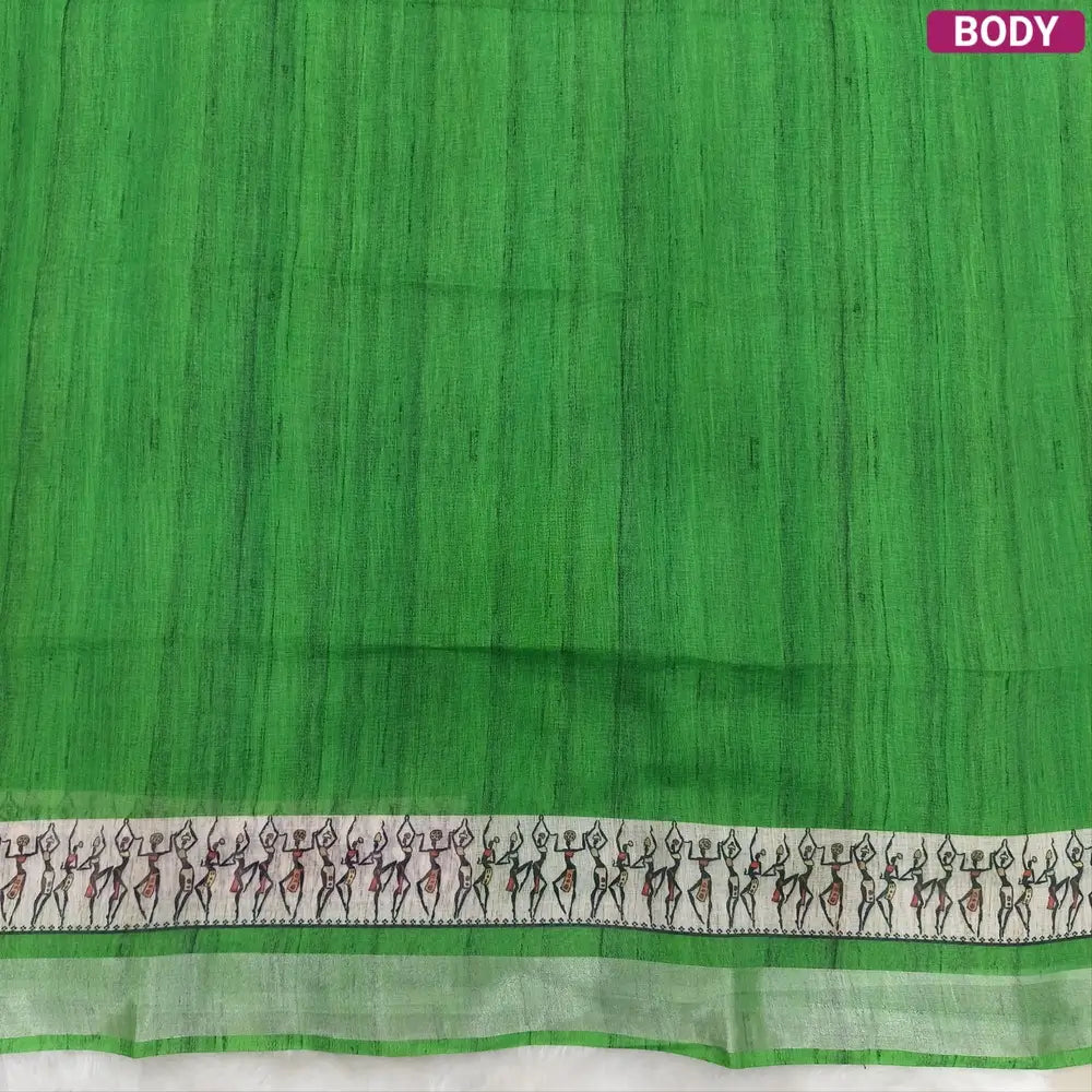 Parrot Green semi linen saree(thin& light weight) warli print& silver tissue on borders, warli printed pallu with tassels, plain running blouse with silver tissue borders. NS35