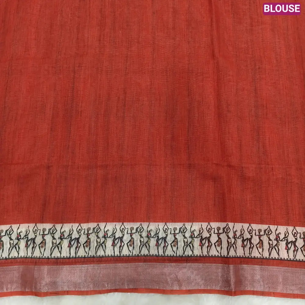 Brick Red semi linen saree(thin& light weight) warli print& silver tissue on borders, warli printed pallu with tassels, plain running blouse with silver tissue borders. NS39