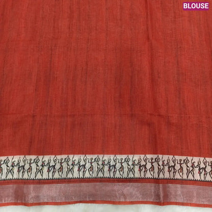 Brick Red semi linen saree(thin& light weight) warli print& silver tissue on borders, warli printed pallu with tassels, plain running blouse with silver tissue borders. NS39