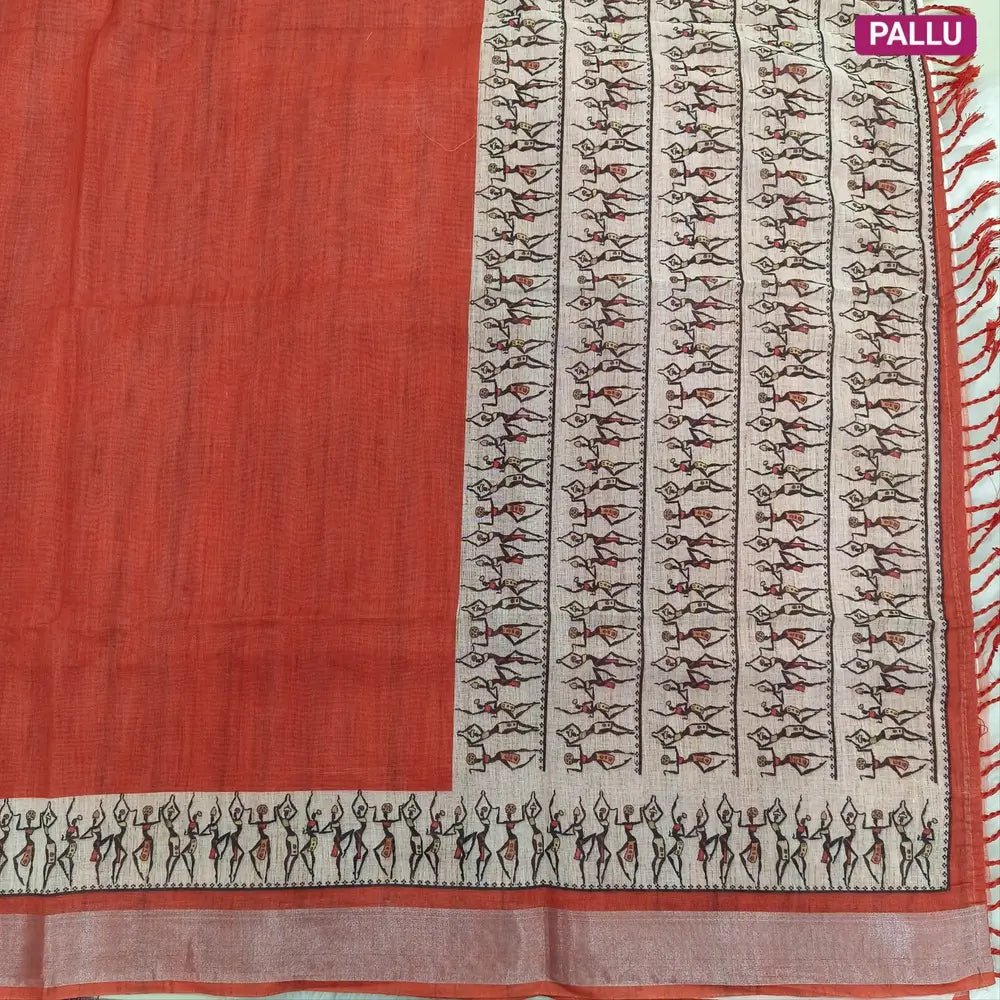 Brick Red semi linen saree(thin& light weight) warli print& silver tissue on borders, warli printed pallu with tassels, plain running blouse with silver tissue borders. NS39
