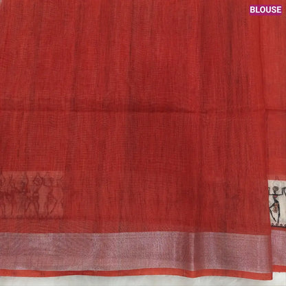 Brick Red semi linen saree(thin& light weight) warli print& silver tissue on borders, warli printed pallu with tassels, plain running blouse with silver tissue borders. NS39