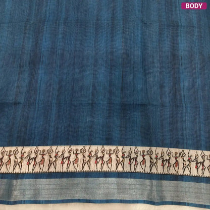 Dark teal Blue semi linen saree(thin& light weight) warli print& silver tissue on borders, warli printed pallu with tassels, plain running blouse with silver tissue borders. NS38