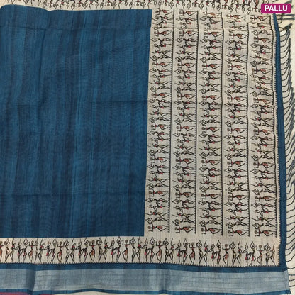 Dark teal Blue semi linen saree(thin& light weight) warli print& silver tissue on borders, warli printed pallu with tassels, plain running blouse with silver tissue borders. NS38