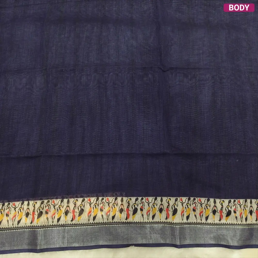 Dark Blue semi linen saree(thin& light weight) warli print& silver tissue on borders, warli printed pallu with tassels, plain running blouse with silver tissue borders. NS36