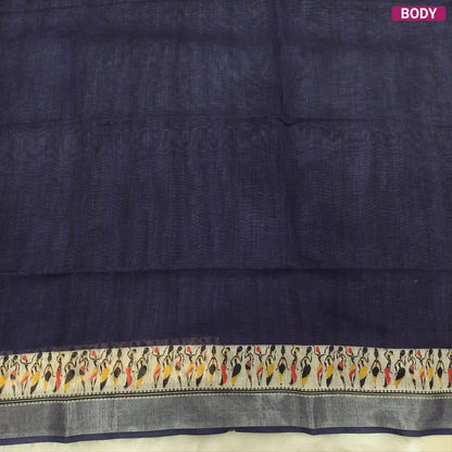 Dark Blue semi linen saree(thin& light weight) warli print& silver tissue on borders, warli printed pallu with tassels, plain running blouse with silver tissue borders. NS36