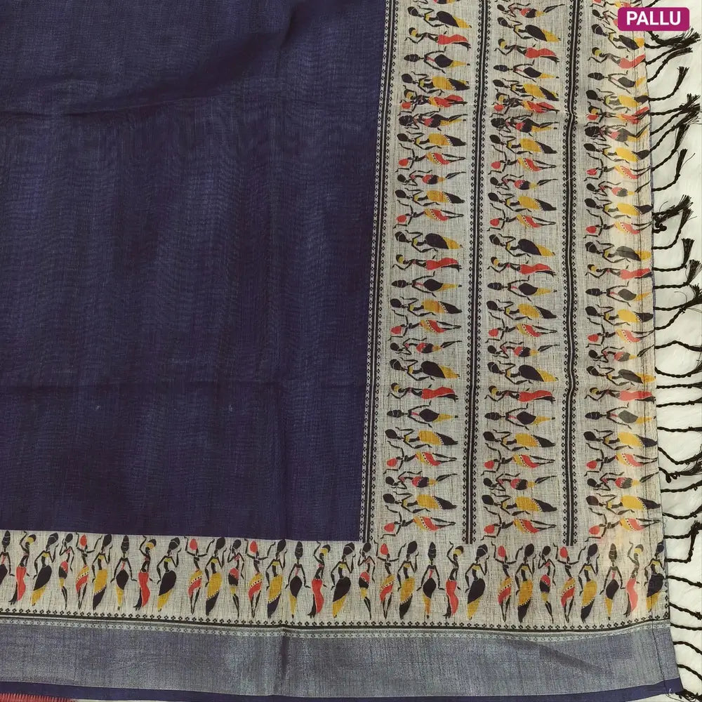 Dark Blue semi linen saree(thin& light weight) warli print& silver tissue on borders, warli printed pallu with tassels, plain running blouse with silver tissue borders. NS36