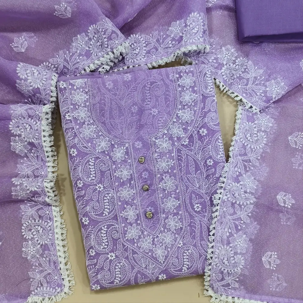 Lavender Noil fabric unstitched salwar material,(netted, lining needed) rich embroidery work on front, matching cotton bottom, embroidery work on noil fabric dupatta with lace tapings. OC252521