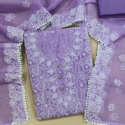 Lavender Noil fabric unstitched salwar material,(netted, lining needed) rich embroidery work on front, matching cotton bottom, embroidery work on noil fabric dupatta with lace tapings. OC252521