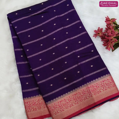 Dark Purple fancy silk saree (soft, silky) with banarasi zari woven double side borders zari woven butttas and stripes allover, contrast zari woven pallu, dark pink zari woven blouse with borders. NS40