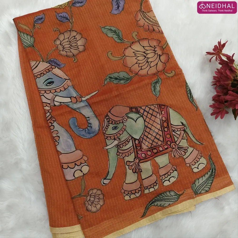 Designer rust orange premium kota silk  saree (lightweight, thin, soft) with elephant applique work done with art silk fabric, rich pallu, digital printed silk cotton blouse. NS49
