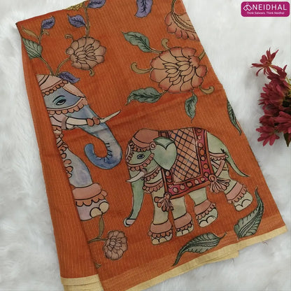 Designer rust orange premium kota silk  saree (lightweight, thin, soft) with elephant applique work done with art silk fabric, rich pallu, digital printed silk cotton blouse. NS49